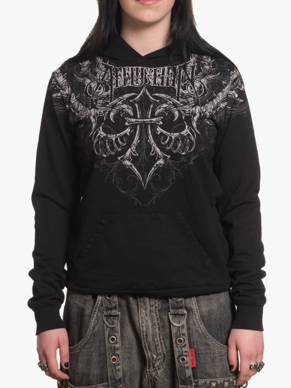 Affliction Womens Vertebrate Pull Over Graphic Sweatshirt Hoodie Black M Gothic